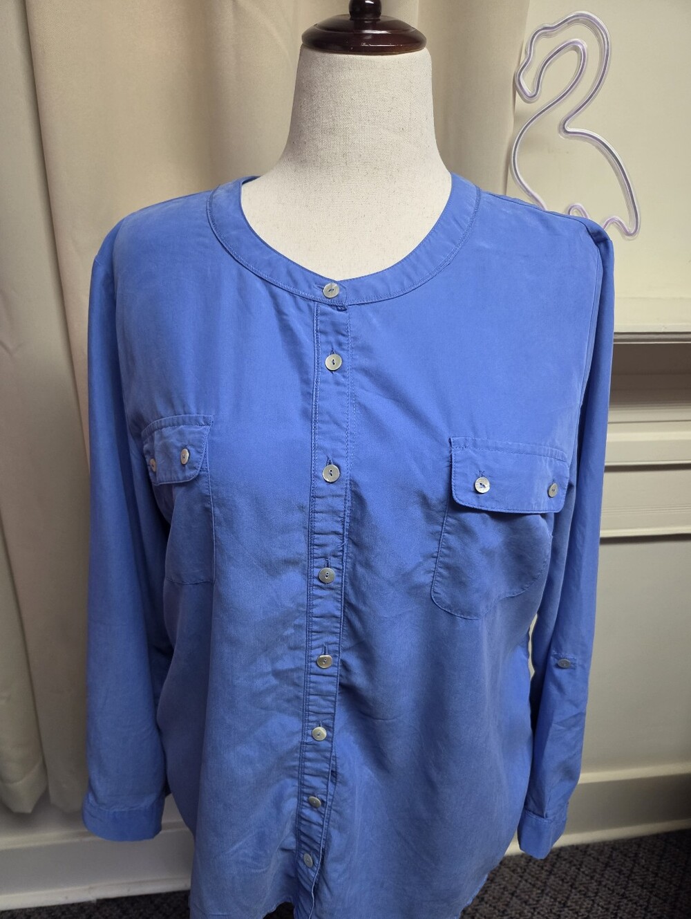Chico's Light Blue Button-Front Shirt Two Pockets, Super Soft XL
